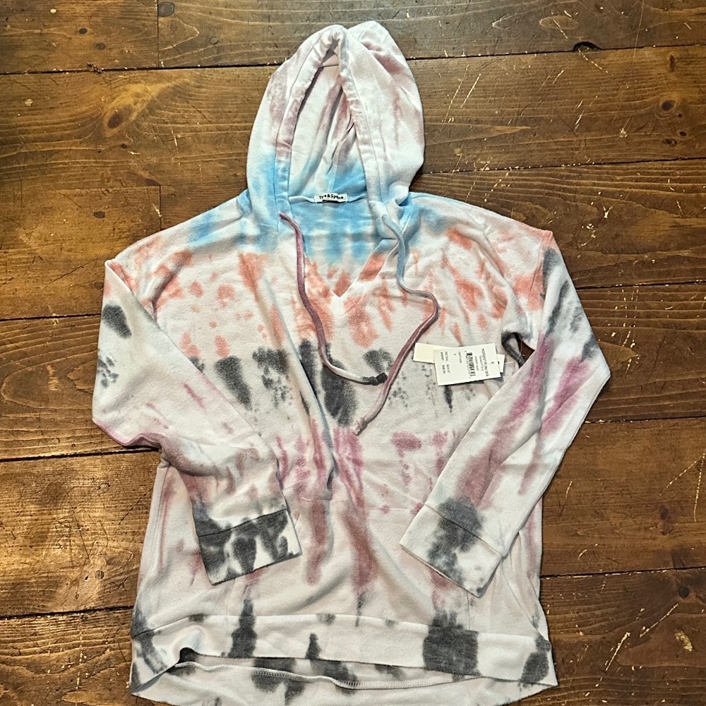 Theo & Spence Tie-Dye Hooded Top V-Neck Kangaroo Pocket NWT $68